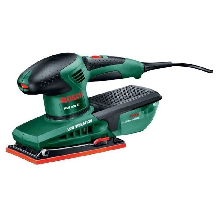 Ponceuse vibrante filaire Bosch - PSS 250 AE (250W, coffret de rangement, disques abrasifs P80, P120, P180)
