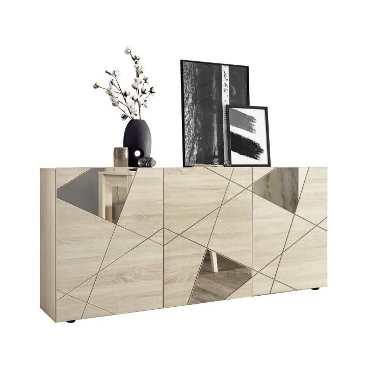 Buffet VICTORY - Décor Chene Sonoma - 3 Portes - Miroir - L 181 x P 42 x H 84 cm Buffet VICTORY - Décor Chene Sonoma - 3 Portes - Miroir - L 181 x P 42 x H 84 cm