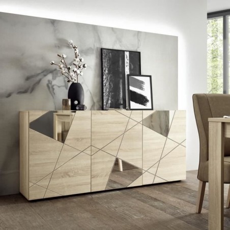 Buffet VICTORY - Décor Chene Sonoma - 3 Portes - Miroir - L 181 x P 42 x H 84 cm