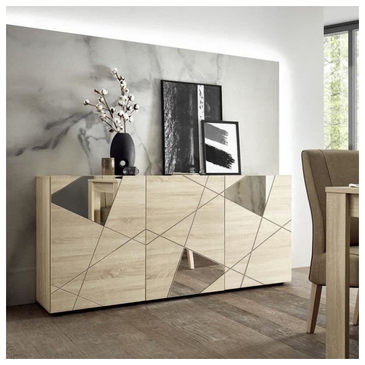 Buffet VICTORY - Décor Chene Sonoma - 3 Portes - Miroir - L 181 x P 42 x H 84 cm Buffet VICTORY - Décor Chene Sonoma - 3 Portes - Miroir - L 181 x P 42 x H 84 cm