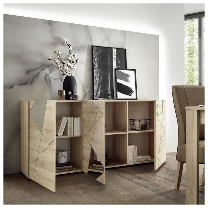 Buffet VICTORY - Décor Chene Sonoma - 3 Portes - Miroir - L 181 x P 42 x H 84 cm Buffet VICTORY - Décor Chene Sonoma - 3 Portes - Miroir - L 181 x P 42 x H 84 cm