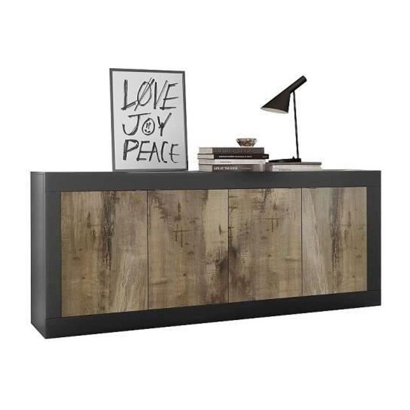 Buffet BASICO - Décor Noir mat et Chene Pero - 4 Portes - L 207 x P 4