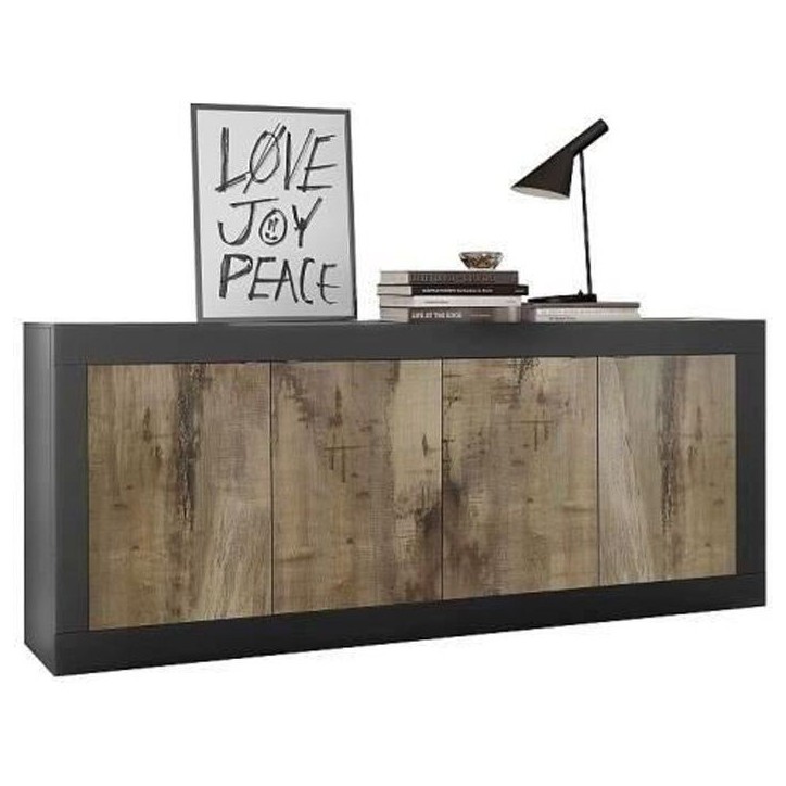 Buffet BASICO - Décor Noir mat et Chene Pero - 4 Portes - L 207 x P 43 x H 86 cm Buffet BASICO - Décor Noir mat et Chene Pero - 4 Portes - L 207 x P 43 x H 86 cm