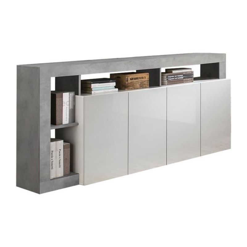 Buffet MAESTRO - Décor béton et blanc laqué brillant - 4 portes - L