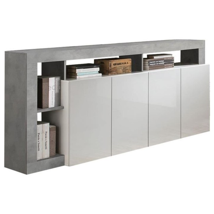 Buffet MAESTRO - Décor béton et blanc laqué brillant - 4 portes - L 184 x P 42 x H 93 cm Buffet MAESTRO - Décor béton et blanc laqué brillant - 4 portes - L 184 x P 42 x H 93 cm