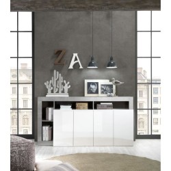 Buffet MAESTRO - Décor béton et blanc laqué brillant - 4 portes - L
