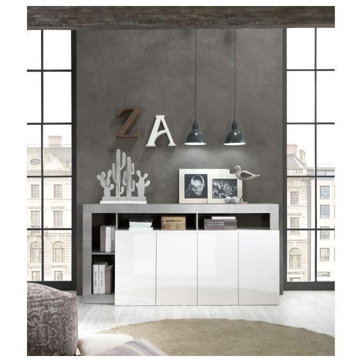 Buffet MAESTRO - Décor béton et blanc laqué brillant - 4 portes - L 184 x P 42 x H 93 cm Buffet MAESTRO - Décor béton et blanc laqué brillant - 4 portes - L 184 x P 42 x H 93 cm