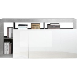 Buffet MAESTRO - Décor béton et blanc laqué brillant - 4 portes - L