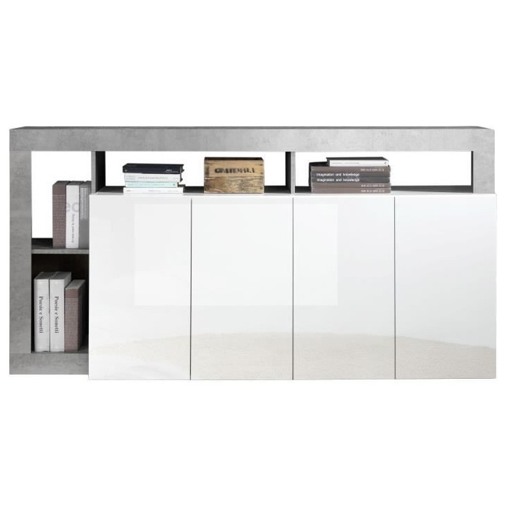 Buffet MAESTRO - Décor béton et blanc laqué brillant - 4 portes - L 184 x P 42 x H 93 cm Buffet MAESTRO - Décor béton et blanc laqué brillant - 4 portes - L 184 x P 42 x H 93 cm