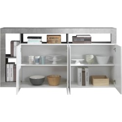 Buffet MAESTRO - Décor béton et blanc laqué brillant - 4 portes - L