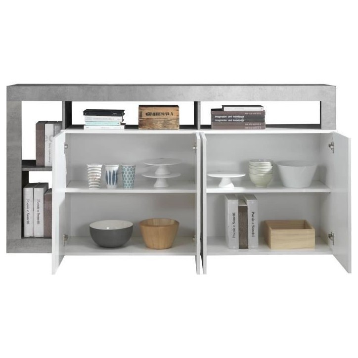 Buffet MAESTRO - Décor béton et blanc laqué brillant - 4 portes - L 184 x P 42 x H 93 cm Buffet MAESTRO - Décor béton et blanc laqué brillant - 4 portes - L 184 x P 42 x H 93 cm