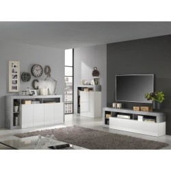 Buffet MAESTRO - Décor béton et blanc laqué brillant - 4 portes - L