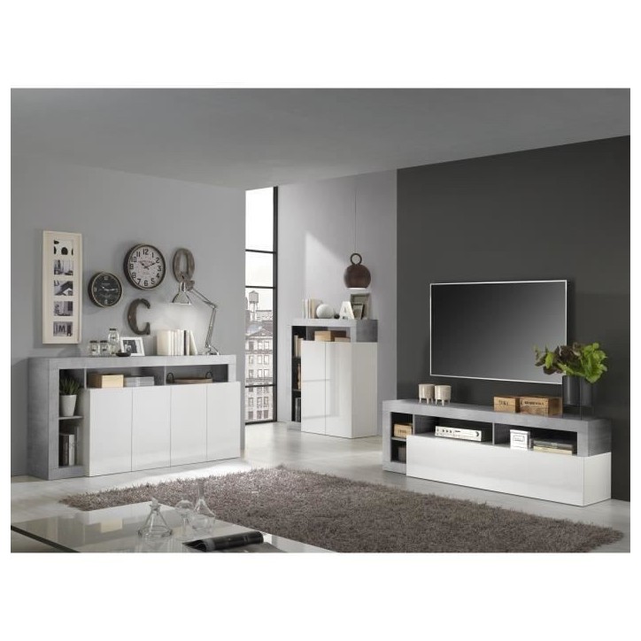 Buffet MAESTRO - Décor béton et blanc laqué brillant - 4 portes - L 184 x P 42 x H 93 cm Buffet MAESTRO - Décor béton et blanc laqué brillant - 4 portes - L 184 x P 42 x H 93 cm