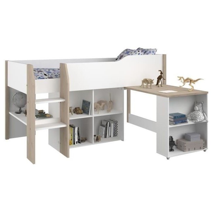 Lit combiné enfant avec bureau rétractable - PARISOT - LIAM - Blanc et chene - Sommier inclus - 90x200 cm Lit combiné enfant avec bureau rétractable - PARISOT - LIAM - Blanc et chene - Sommier inclus - 90x200 cm