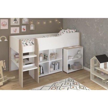 Lit combiné enfant avec bureau rétractable - PARISOT - LIAM - Blanc et chene - Sommier inclus - 90x200 cm