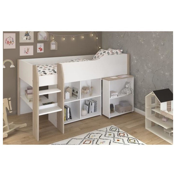 Lit combiné enfant avec bureau rétractable - PARISOT - LIAM - Blanc et chene - Sommier inclus - 90x200 cm Lit combiné enfant avec bureau rétractable - PARISOT - LIAM - Blanc et chene - Sommier inclus - 90x200 cm