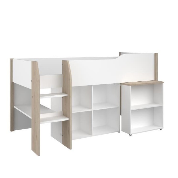 Lit combiné enfant avec bureau rétractable - PARISOT - LIAM - Blanc et chene - Sommier inclus - 90x200 cm Lit combiné enfant avec bureau rétractable - PARISOT - LIAM - Blanc et chene - Sommier inclus - 90x200 cm