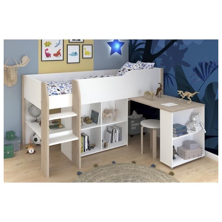 Lit combiné enfant avec bureau rétractable - PARISOT - LIAM - Blanc et chene - Sommier inclus - 90x200 cm Lit combiné enfant avec bureau rétractable - PARISOT - LIAM - Blanc et chene - Sommier inclus - 90x200 cm