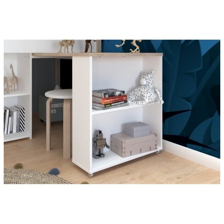 Lit combiné enfant avec bureau rétractable - PARISOT - LIAM - Blanc et chene - Sommier inclus - 90x200 cm Lit combiné enfant avec bureau rétractable - PARISOT - LIAM - Blanc et chene - Sommier inclus - 90x200 cm