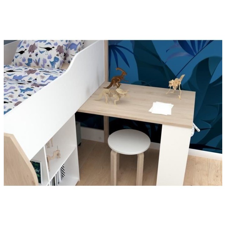 Lit combiné enfant avec bureau rétractable - PARISOT - LIAM - Blanc et chene - Sommier inclus - 90x200 cm Lit combiné enfant avec bureau rétractable - PARISOT - LIAM - Blanc et chene - Sommier inclus - 90x200 cm
