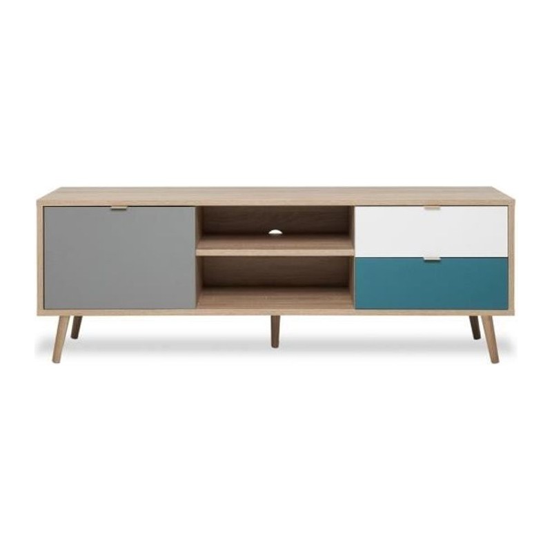 Meuble TV scandinave CUBA - Décor chene, gris, blanc et bleu pétrole