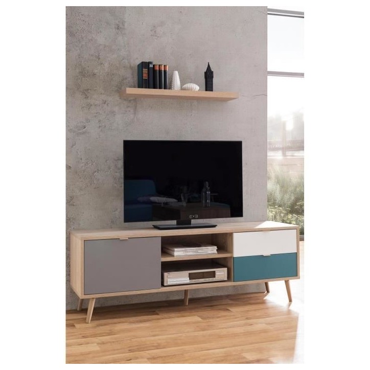 Meuble TV scandinave CUBA - Décor chene, gris, blanc et bleu pétrole - 1 Porte - L 150 x P 40 x H 51 cm