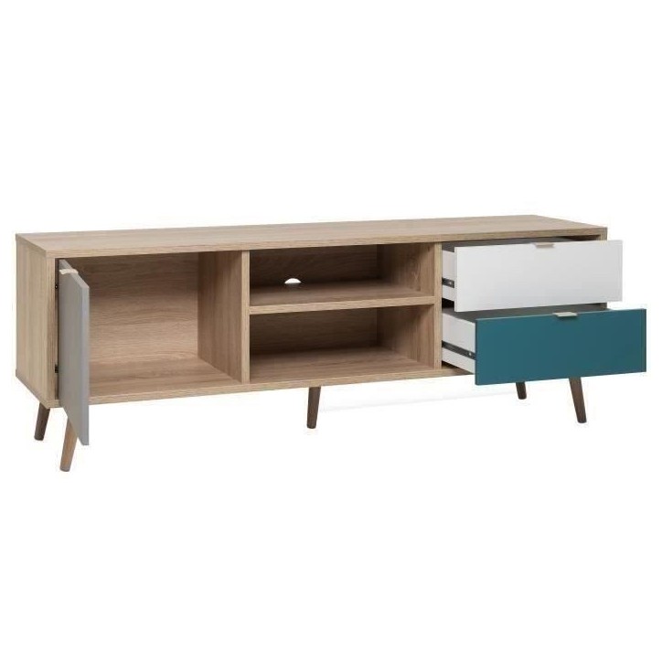 Meuble TV scandinave CUBA - Décor chene, gris, blanc et bleu pétrole - 1 Porte - L 150 x P 40 x H 51 cm