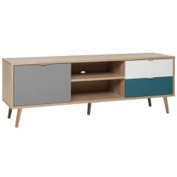 Meuble TV scandinave CUBA - Décor chene, gris, blanc et bleu pétrole
