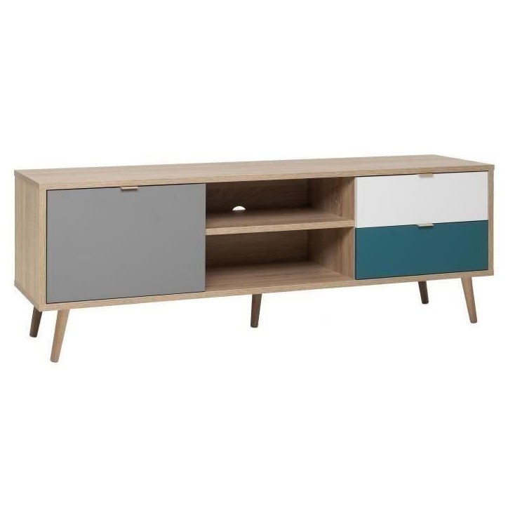 Meuble TV scandinave CUBA - Décor chene, gris, blanc et bleu pétrole - 1 Porte - L 150 x P 40 x H 51 cm