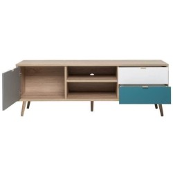 Meuble TV scandinave CUBA - Décor chene, gris, blanc et bleu pétrole