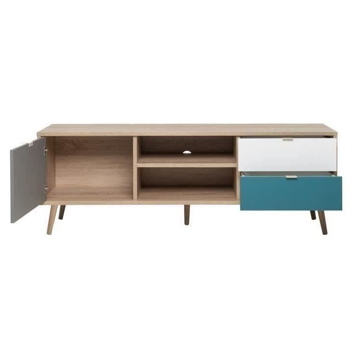 Meuble TV scandinave CUBA - Décor chene, gris, blanc et bleu pétrole - 1 Porte - L 150 x P 40 x H 51 cm