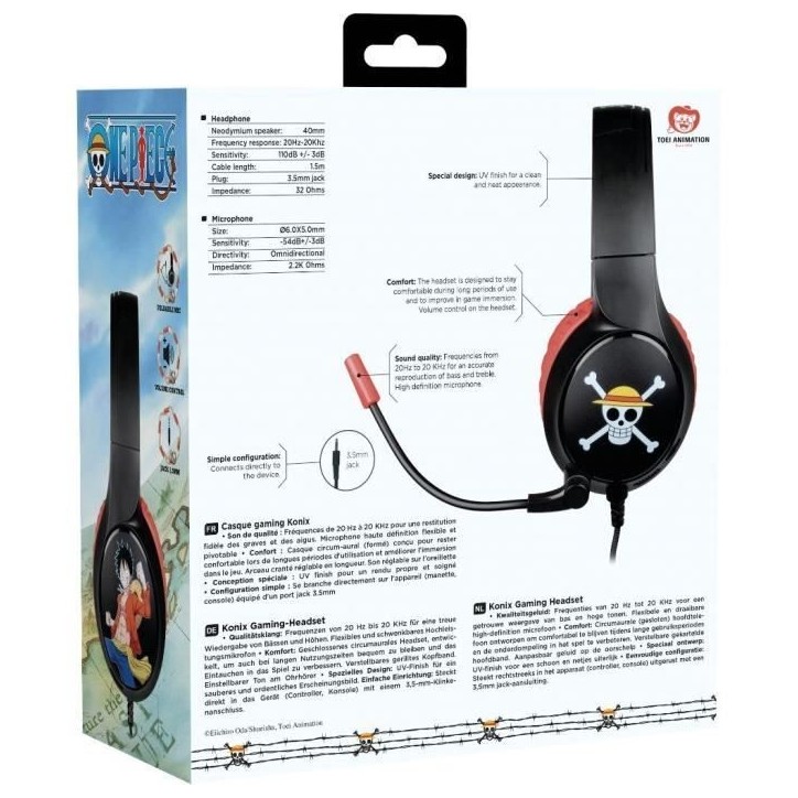 Casque gaming filaire - KONIX - One Piece - PC, PS4, PS5, Switch et Xbox - Microphone - Câble 1,5 m - Prise Jack 3,5 mm - Luffy
