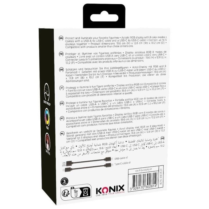 Vitrine LED Display Box pour figurine - KONIX - Compatible Funko Pop / Banpresto Qposket - Éclairage RVB - Câble USB Vitrine LED Display Box pour figurine - KONIX - Compatible Funko Pop / Banpresto Qposket - Éclairage RVB - Câble USB