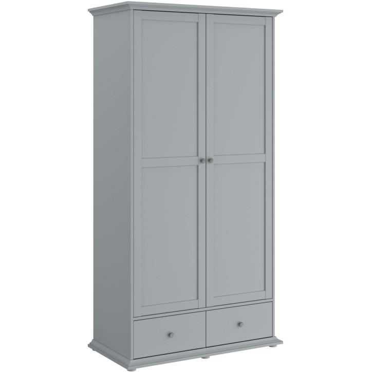 Armoire de chambre - MARGAUX - Gris galet- 2 portes + 2 tiroirs - Style charme - L104 x P53 x H202 cm