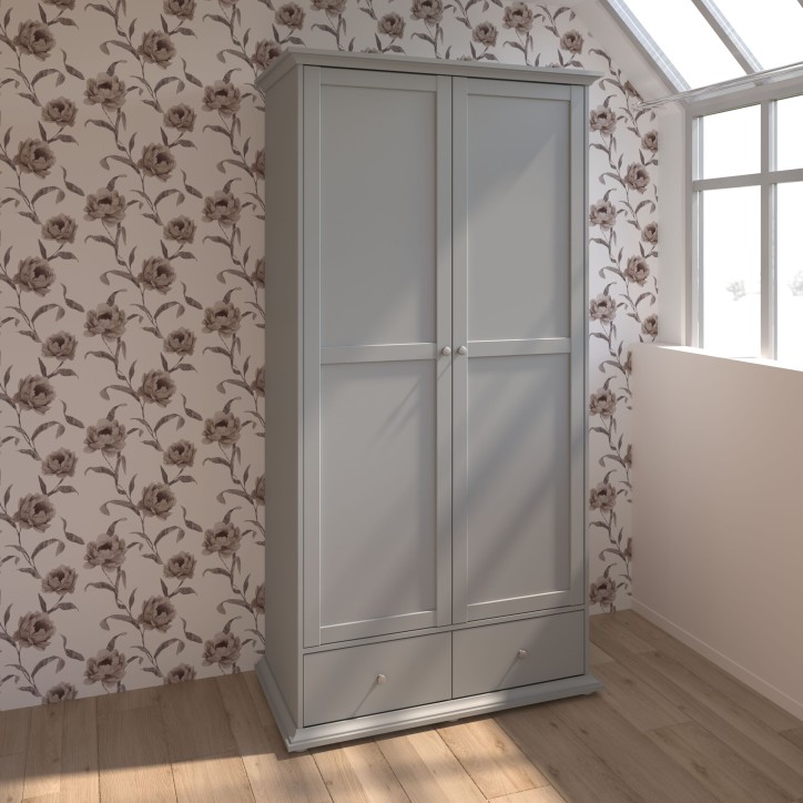 Armoire de chambre - MARGAUX - Gris galet- 2 portes + 2 tiroirs - Style charme - L104 x P53 x H202 cm