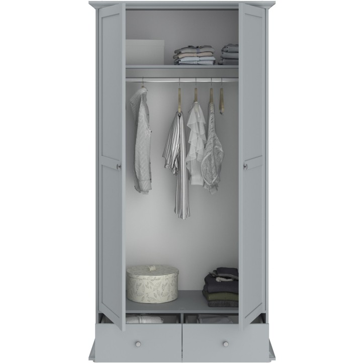 Armoire de chambre - MARGAUX - Gris galet- 2 portes + 2 tiroirs - Style charme - L104 x P53 x H202 cm