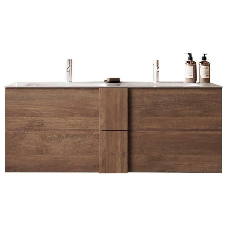 Meuble suspendu double vasque - 2 tiroirs - L120 x H53 x P47cm - Coloris chene mercure - Style scandinave - JUNE Meuble suspendu double vasque - 2 tiroirs - L120 x H53 x P47cm - Coloris chene mercure - Style scandinave - JUNE