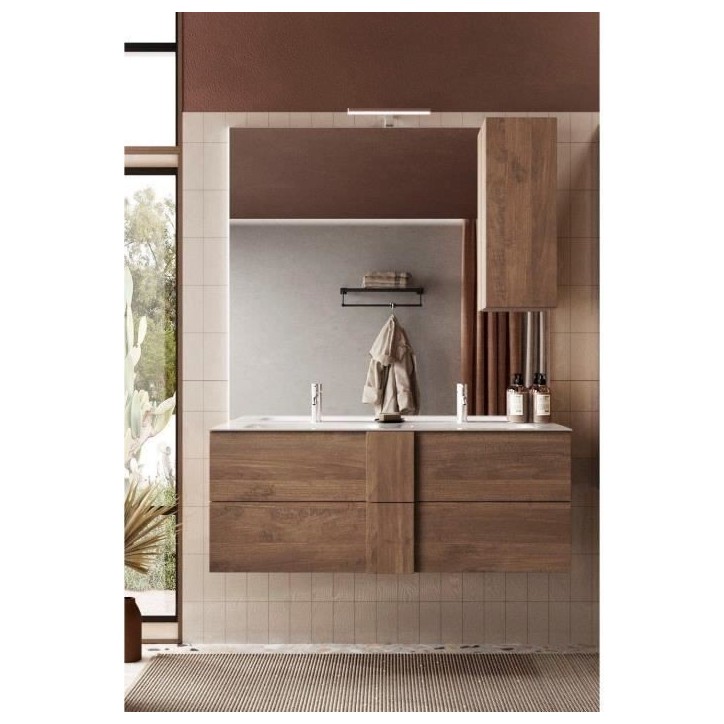 Meuble suspendu double vasque - 2 tiroirs - L120 x H53 x P47cm - Coloris chene mercure - Style scandinave - JUNE Meuble suspendu double vasque - 2 tiroirs - L120 x H53 x P47cm - Coloris chene mercure - Style scandinave - JUNE