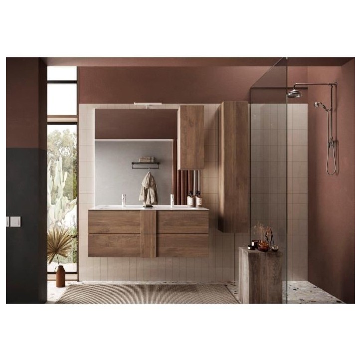 Meuble suspendu double vasque - 2 tiroirs - L120 x H53 x P47cm - Coloris chene mercure - Style scandinave - JUNE Meuble suspendu double vasque - 2 tiroirs - L120 x H53 x P47cm - Coloris chene mercure - Style scandinave - JUNE