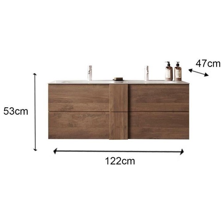 Meuble suspendu double vasque - 2 tiroirs - L120 x H53 x P47cm - Coloris chene mercure - Style scandinave - JUNE Meuble suspendu double vasque - 2 tiroirs - L120 x H53 x P47cm - Coloris chene mercure - Style scandinave - JUNE