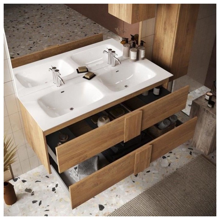 Meuble suspendu double vasque - 2 tiroirs - L120 x H53 x P47cm - Coloris chene mercure - Style scandinave - JUNE Meuble suspendu double vasque - 2 tiroirs - L120 x H53 x P47cm - Coloris chene mercure - Style scandinave - JUNE