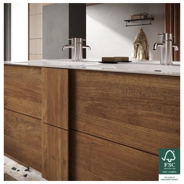 Meuble suspendu double vasque - 2 tiroirs - L120 x H53 x P47cm - Coloris chene mercure - Style scandinave - JUNE Meuble suspendu double vasque - 2 tiroirs - L120 x H53 x P47cm - Coloris chene mercure - Style scandinave - JUNE