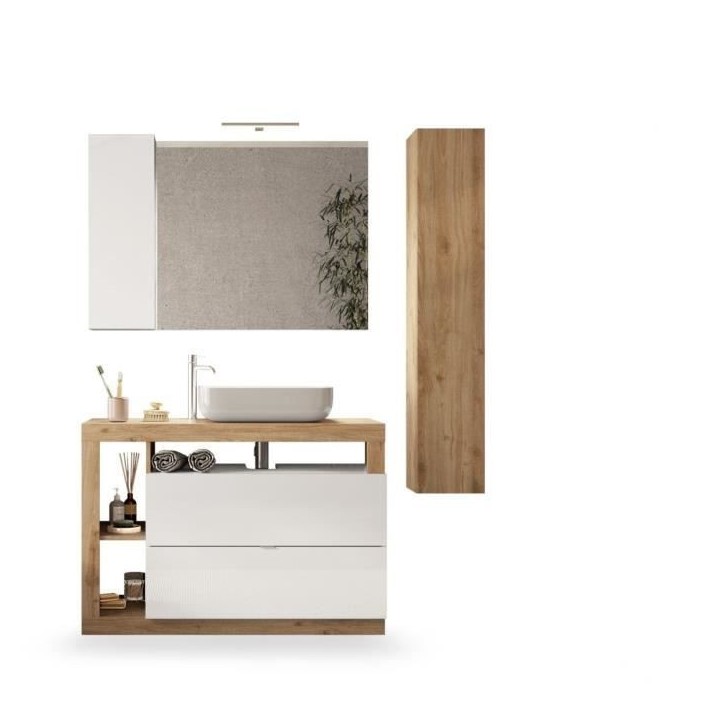 Ensemble meuble Salle de bain 110cm simple vasque + colonne - Coloris chene clair et laqué blanc - HAMBOURG Ensemble meuble Salle de bain 110cm simple vasque + colonne - Coloris chene clair et laqué blanc - HAMBOURG