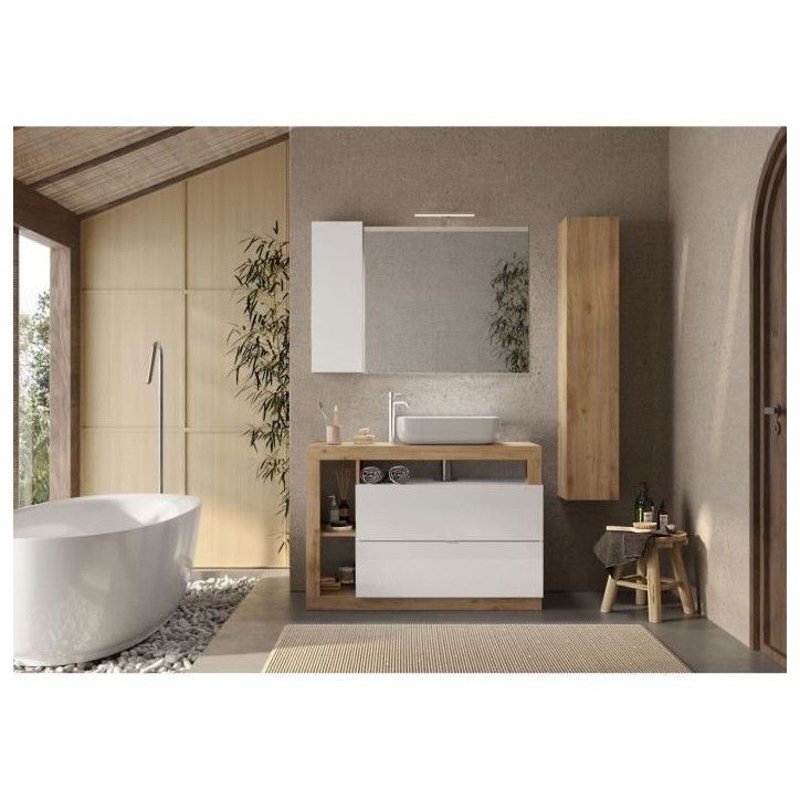 Ensemble meuble Salle de bain 110cm simple vasque + colonne - Coloris chene clair et laqué blanc - HAMBOURG Ensemble meuble Salle de bain 110cm simple vasque + colonne - Coloris chene clair et laqué blanc - HAMBOURG