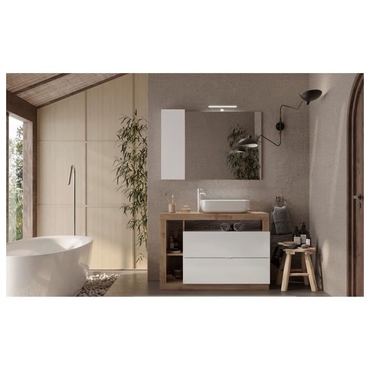 Ensemble meuble Salle de bain 110cm simple vasque + colonne - Coloris chene clair et laqué blanc - HAMBOURG Ensemble meuble Salle de bain 110cm simple vasque + colonne - Coloris chene clair et laqué blanc - HAMBOURG