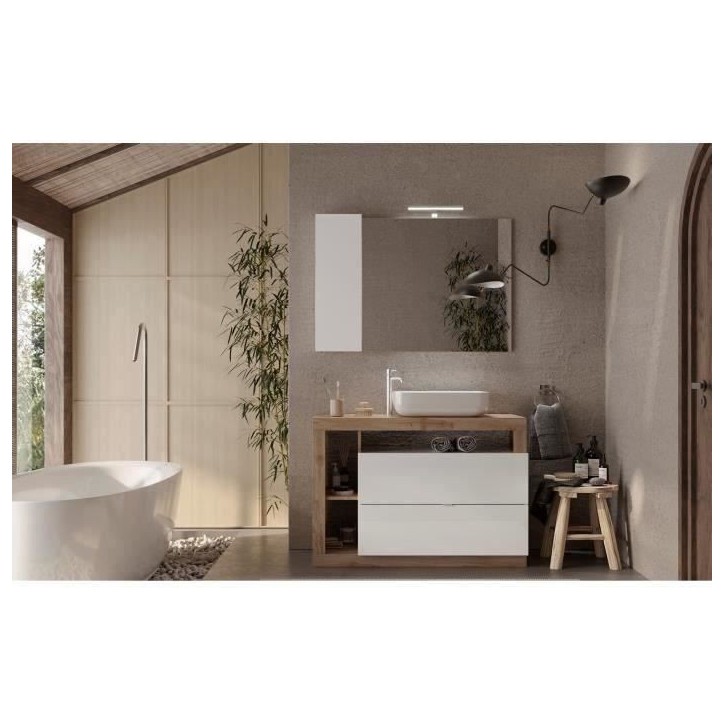 Ensemble Meuble salle de bain L110cm - Vasque + 2 Tiroirs + 3 niches - Coloris chene clair et laqué blanc - HAMBOURG