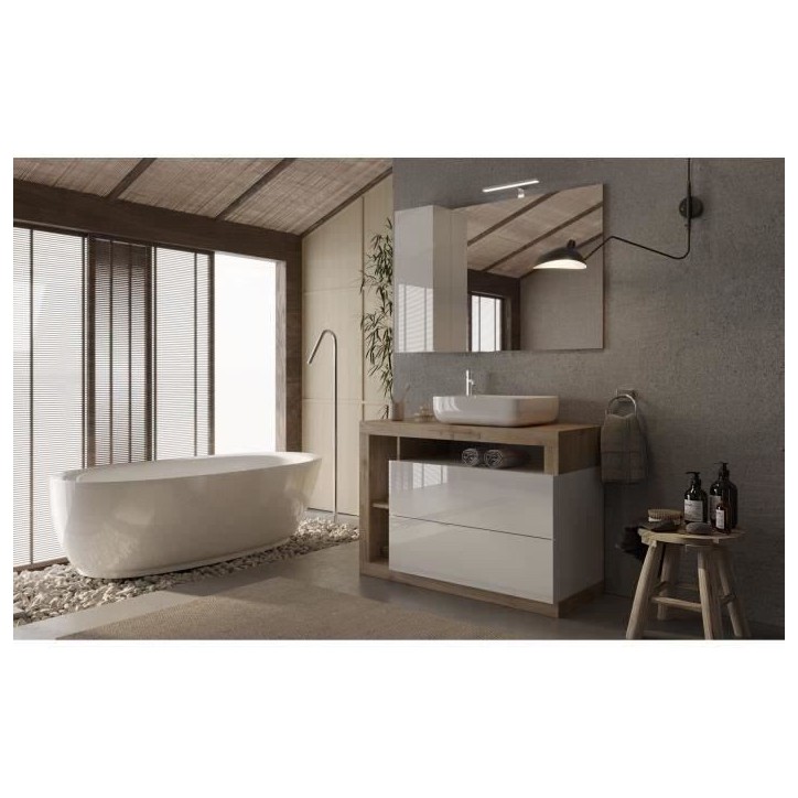 Ensemble Meuble salle de bain L110cm - Vasque + 2 Tiroirs + 3 niches - Coloris chene clair et laqué blanc - HAMBOURG