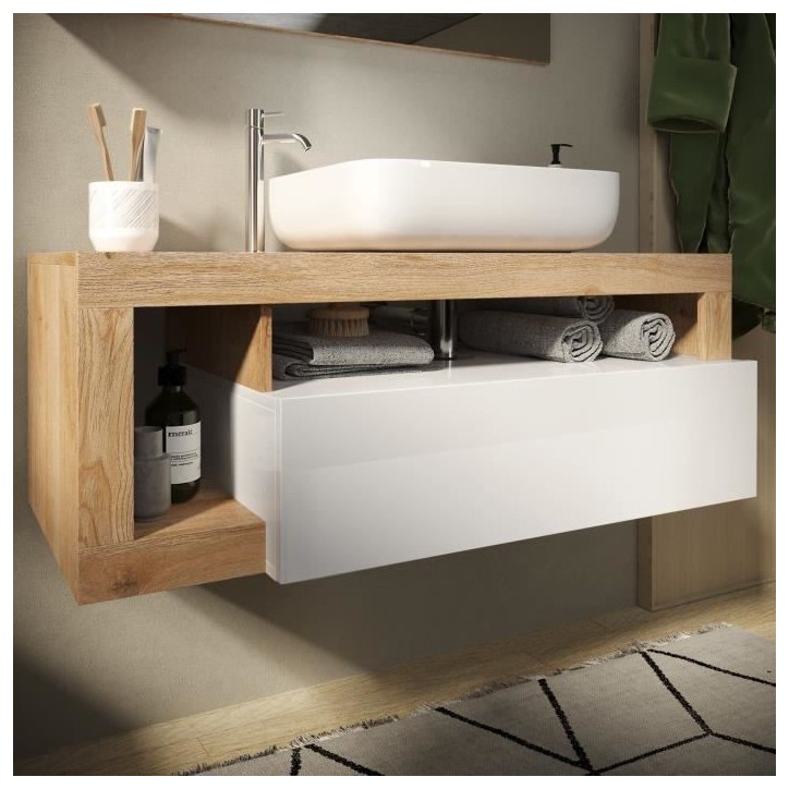 Ensemble Meuble salle de bain L110cm - Vasque + 2 Tiroirs + 3 niches - Coloris chene clair et laqué blanc - HAMBOURG