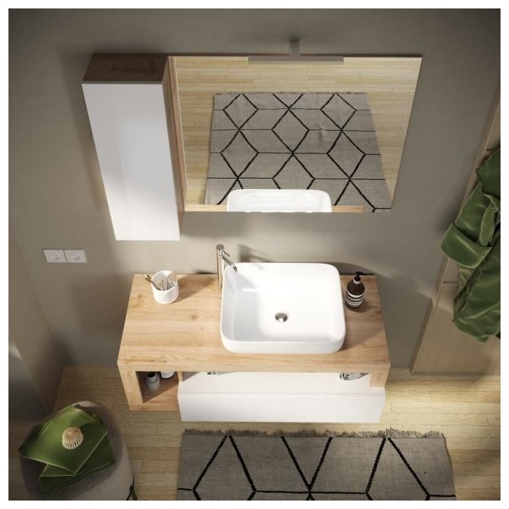 Ensemble Meuble salle de bain L110cm - Vasque + 2 Tiroirs + 3 niches - Coloris chene clair et laqué blanc - HAMBOURG