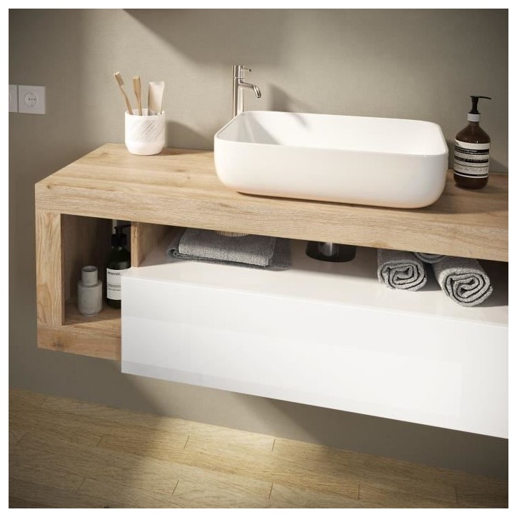 Ensemble Meuble salle de bain L110cm - Vasque + 2 Tiroirs + 3 niches - Coloris chene clair et laqué blanc - HAMBOURG